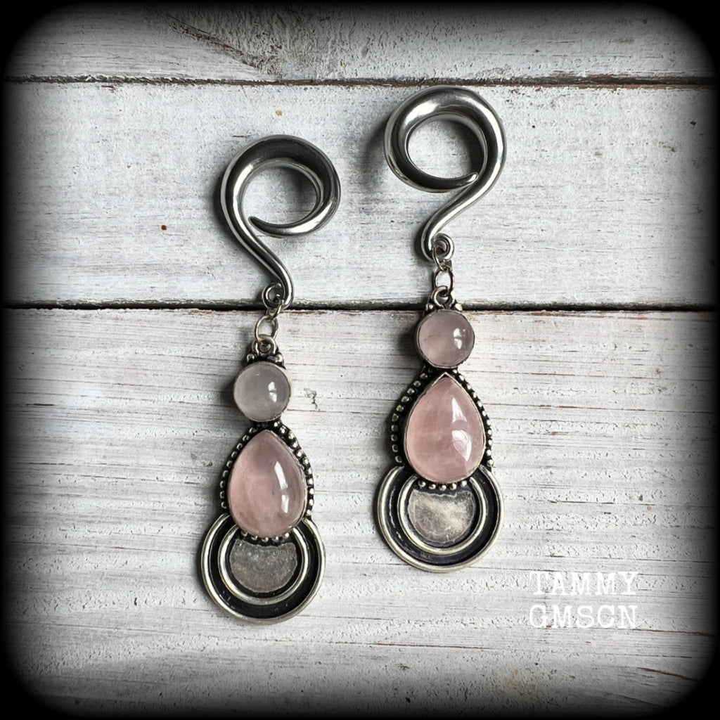 Rose quartz gauged earrings-Gemstone ear weights