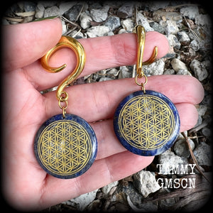 Lapis lazuli flower of life gauged earrings-Ear hangers