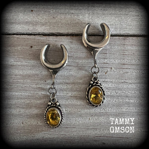 These beautiful boho gauged earrings have been made with gorgeous yellow citrine gemstones, lovely and dangly at approx 4.5cms from tip to tip, and weighing approx 5 grams each.  These earrings have been made on 1/2” gauge (12mm) surgical steel cradles, to be worn in stretched lobes.