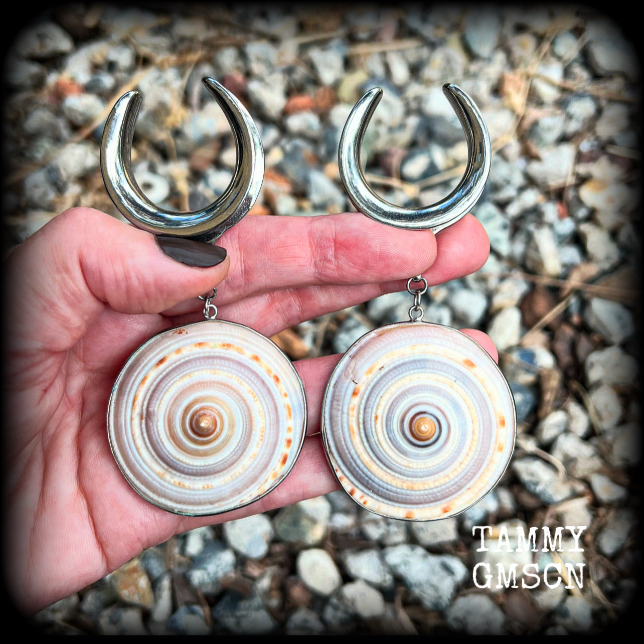 These gauged earrings feature beautiful big Giant sundail sea snail shells weighing in at 25 grams a piece, and nice and dangly at just over 10cms from tip to tip. 
This pair has been made on 1.18” gauge (30mm) surgical steel cradles