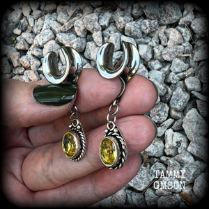 These beautiful boho gauged earrings have been made with gorgeous yellow citrine gemstones, lovely and dangly at approx 4.5cms from tip to tip, and weighing approx 5 grams each.  These earrings have been made on 1/2” gauge (12mm) surgical steel cradles, to be worn in stretched lobes.