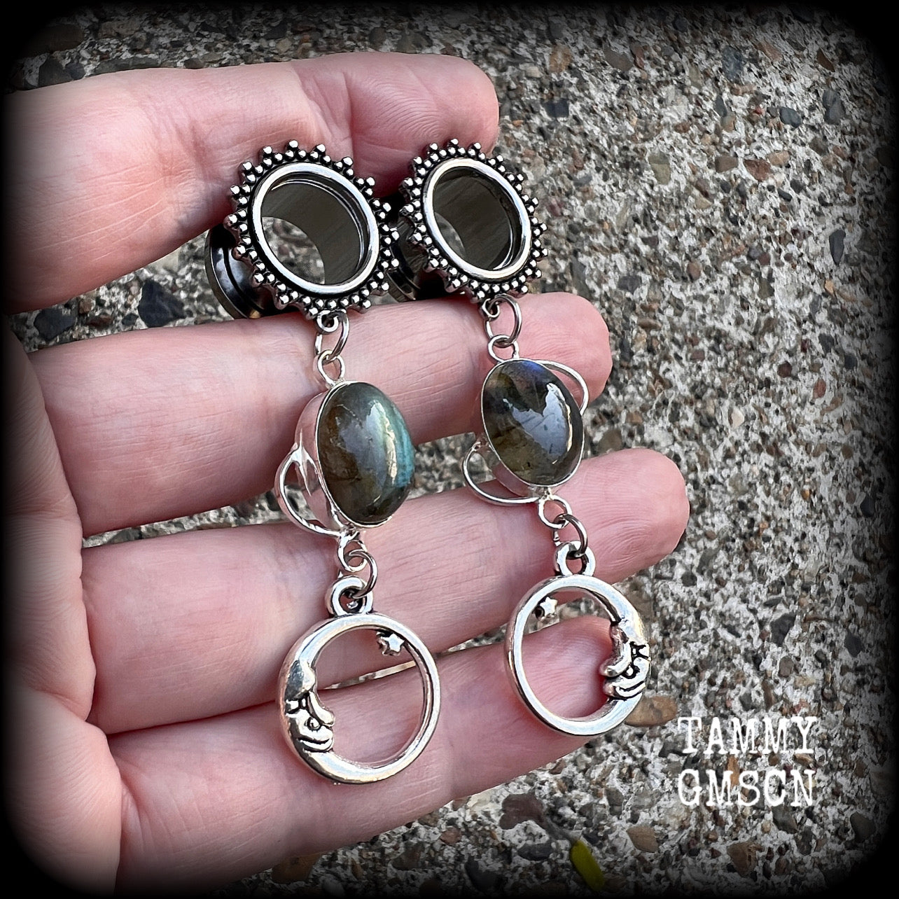 Moon goddess tunnel earrings-Labradorite gemstone tunnels