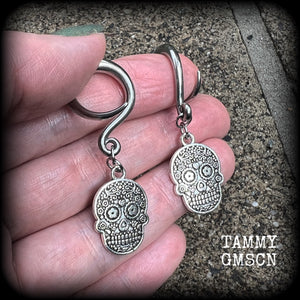 Day of the Dead sugar skull gauged earrings-Halloween earrings