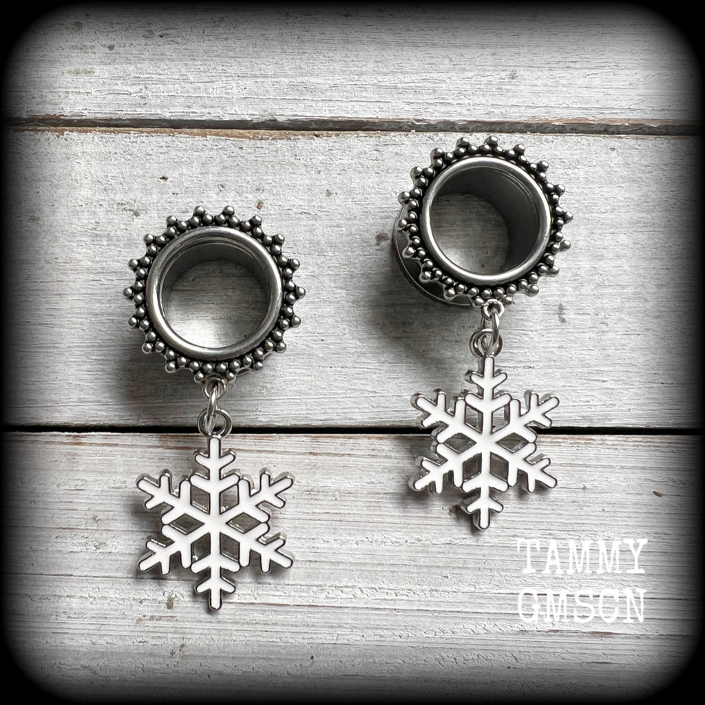 Snowflake earrings Snowflake tunnel earrings Snowflake gauged earrings Snowflake ear gauges Snowflake ear hangers Snowflake ear weights Christmas earrings Christmas tunnel earrings Christmas gauged earrings Christmas ear hangers Yuletide Winter