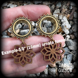 Wood mandala tunnel dangles-Boho gauges