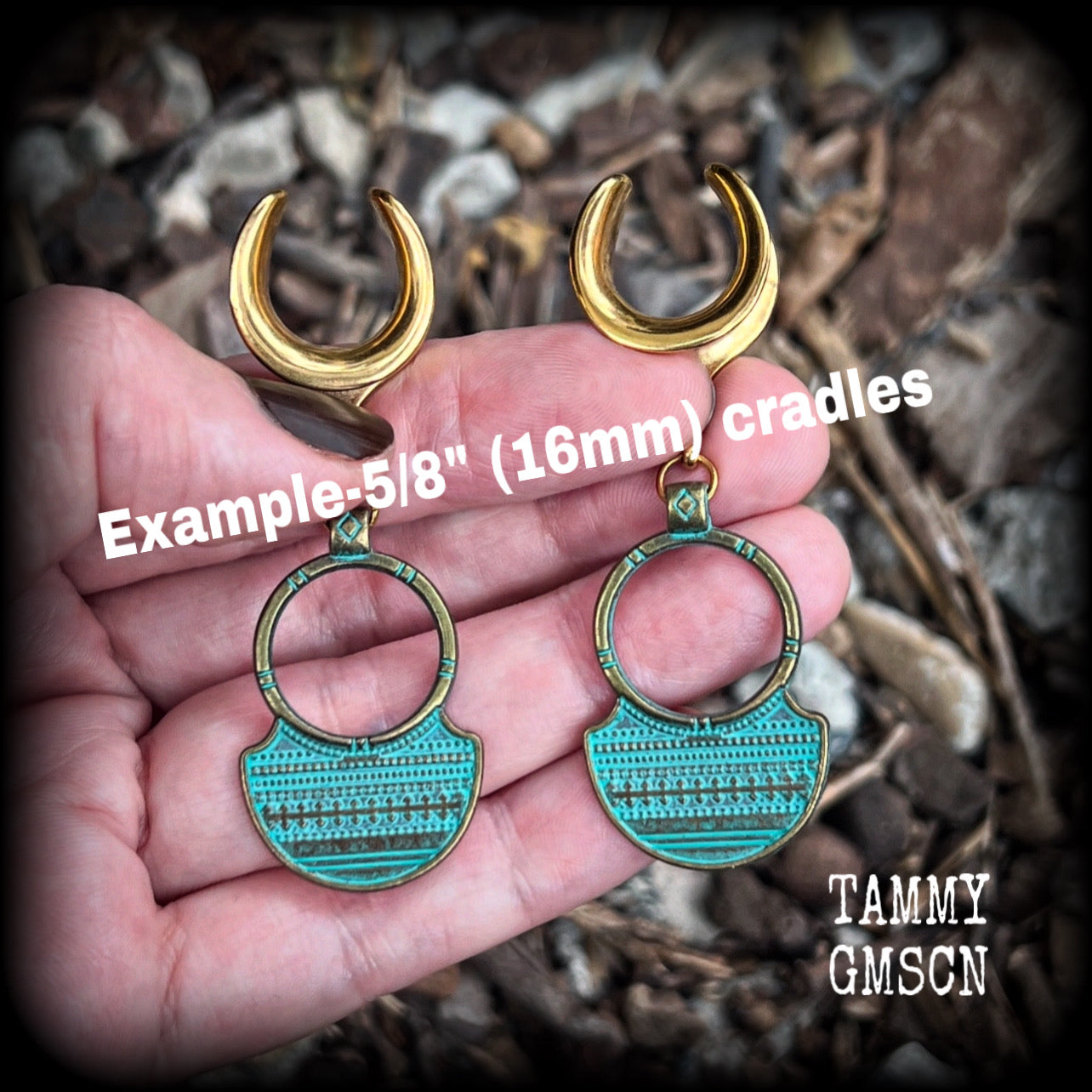 Inspired by Ishtar, Mesopotamian Goddess of love, beauty, sex and war, these beautiful tribal gauged earrings measure just on 6 cms from tip to tip, and weigh approx 8 grams a piece.
This pair has been made on 5/8” gauge (16mm) surgical steel cradles