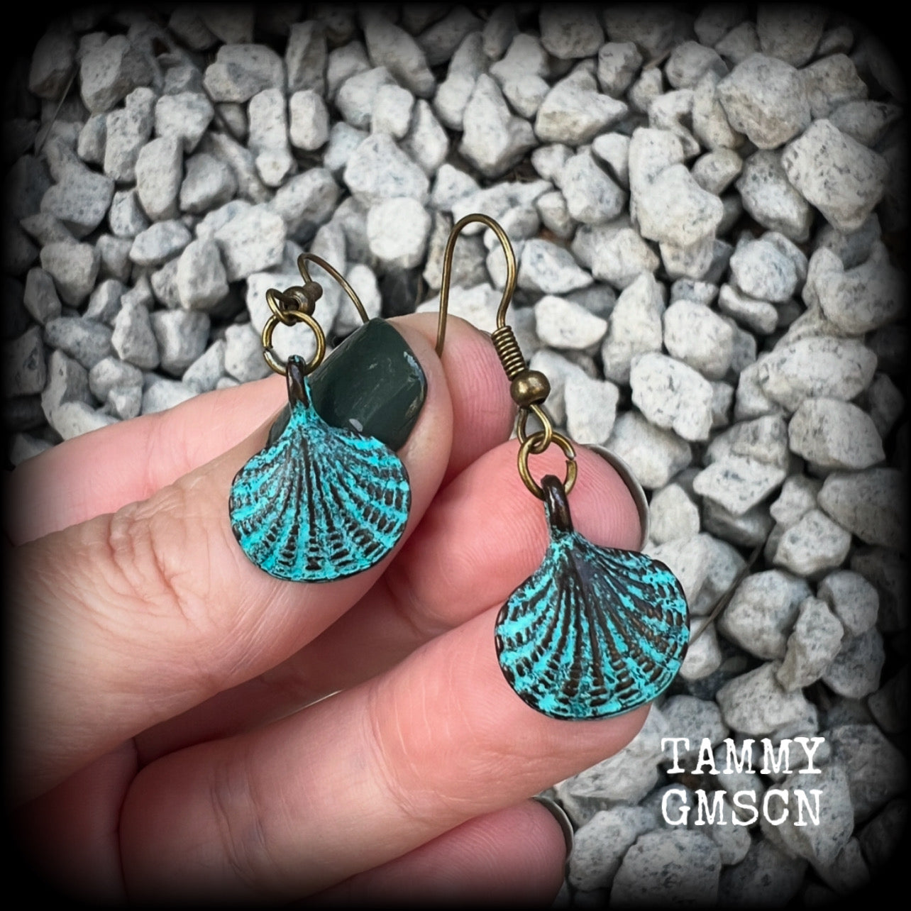 This is a simpler pair of earrings from our Sea Hag range, featuring a single gorgeous verdigris patina charm shell, measuring just under 4cms from tip to tip and weighing only a few grams each.

This pair has been made with antique bronze french hooks, for pierced ears.