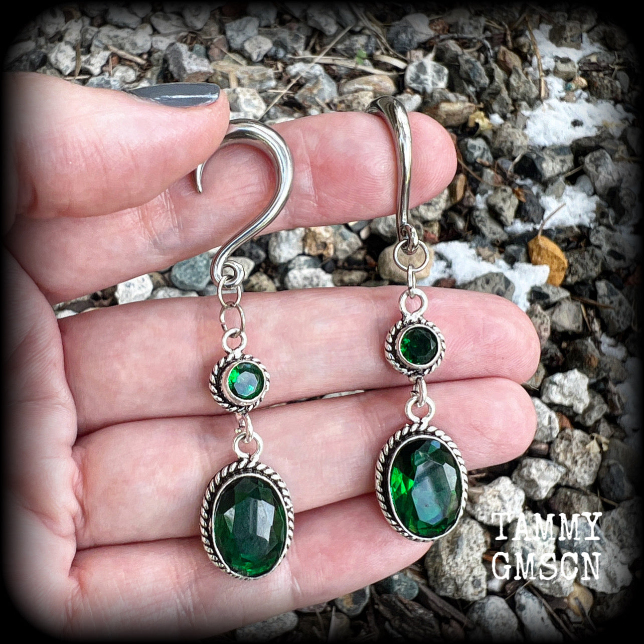 Emerald green gemstone gauged earrings-Boho earrings