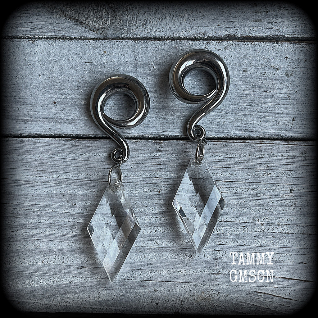 These gorgeous dangly earrings have been made with gorgeous faceted faux glass pieces, measuring just on 8 cms from tip to tip, and weighing approx 18 grams each.

These earrings have been made on 0 gauge (8mm) surgical steel full curls, to be worn in stretched lobes.