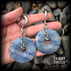 Featuring a pair of unique dusty blue aventurine donut gemstones cradled in chunky antique silver chain, this pair of gauged earrings weighs approx 44 grams a piece and measure just over 9cms from tip to tip.

These have been made on 0 gauge (8mm) surgical steel full curls, to be worn in stretched lobes.