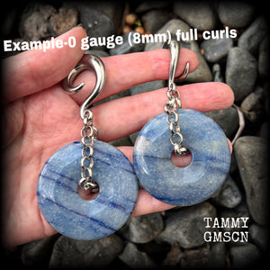 Featuring a pair of unique dusty blue aventurine donut gemstones cradled in chunky antique silver chain, this pair of gauged earrings weighs approx 44 grams a piece and measure just over 9cms from tip to tip.

These have been made on 0 gauge (8mm) surgical steel full curls, to be worn in stretched lobes.