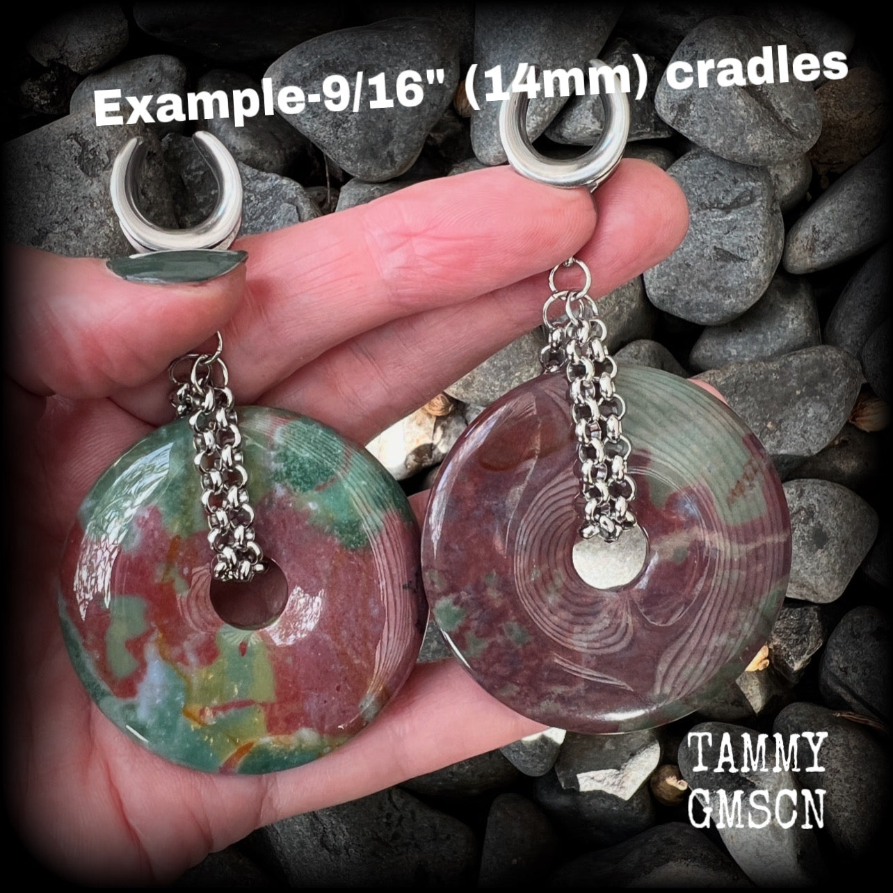 Featuring a pair of unique Indian agate donut stones cradled in stainless steel chain, this pair of gauged earrings weighs approx 30 grams a piece and measure just under 9cms from tip to tip.

These have been made on 9/14" (14mm) gauge surgical steel cradles, to be worn in stretched lobes.