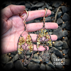 These beautiful Tree of life gauged earrings feature gorgeous wire wrapped trees with dusty green peridot gemstone chips, super dangly measuring just over 12cms from tip to tip, and weighing approx 20 grams each.

This pair has been made on 2 gauge (6mm) surgical steel full curl hooks, suitable for stretched lobes.