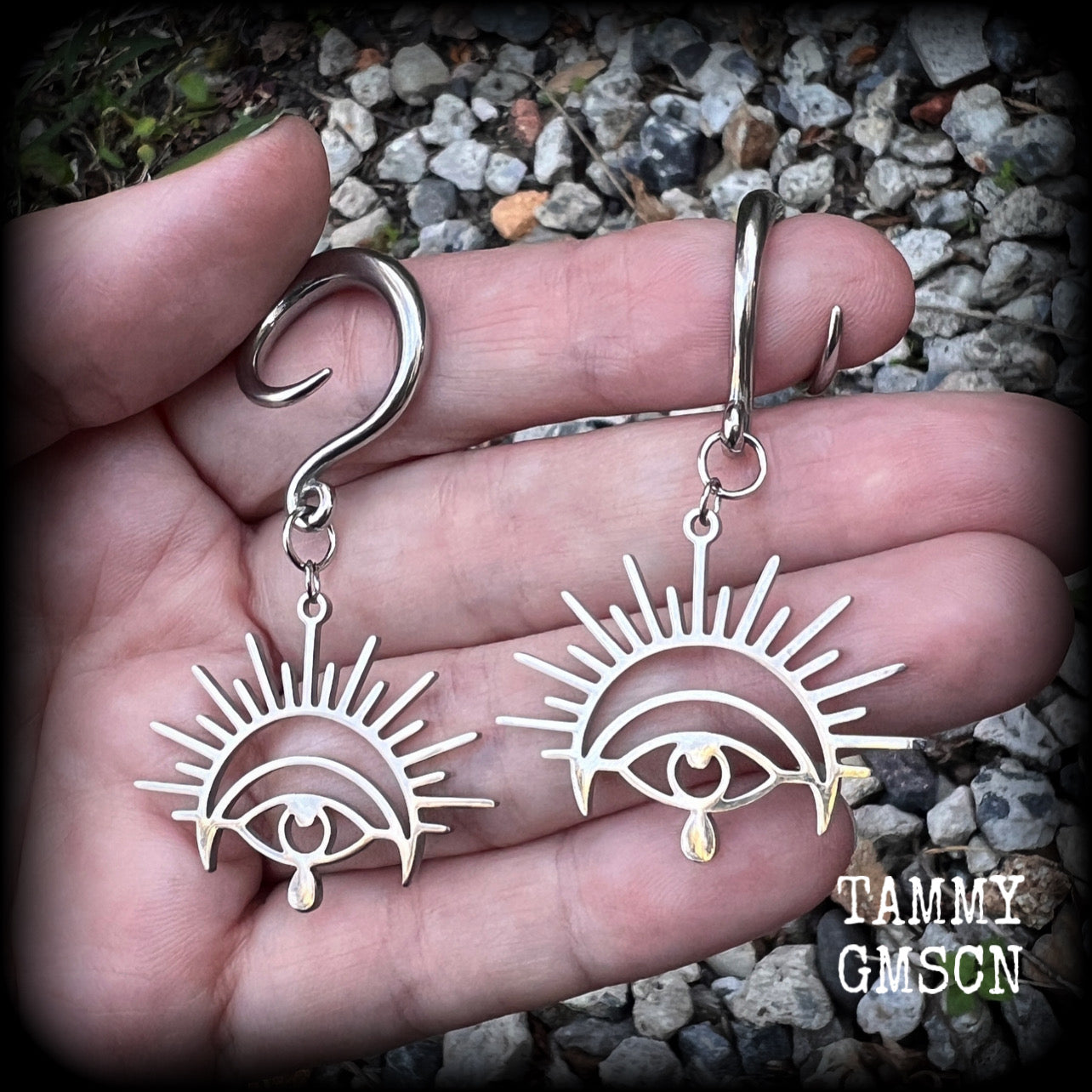 Esoteric jewellery All seeing eye earrings Ear hangers Gauged earrings Oculus ear gauges Evil eye earrings Evil eye jewelry Eye of Providence 6 gauge ear weights Stretched ears Stretched lobes Body jewelry Gauged ears 4mm 6mm 8mm 10mm 12mm 14mm 16mm 19mm 22mm 25mm 28mm