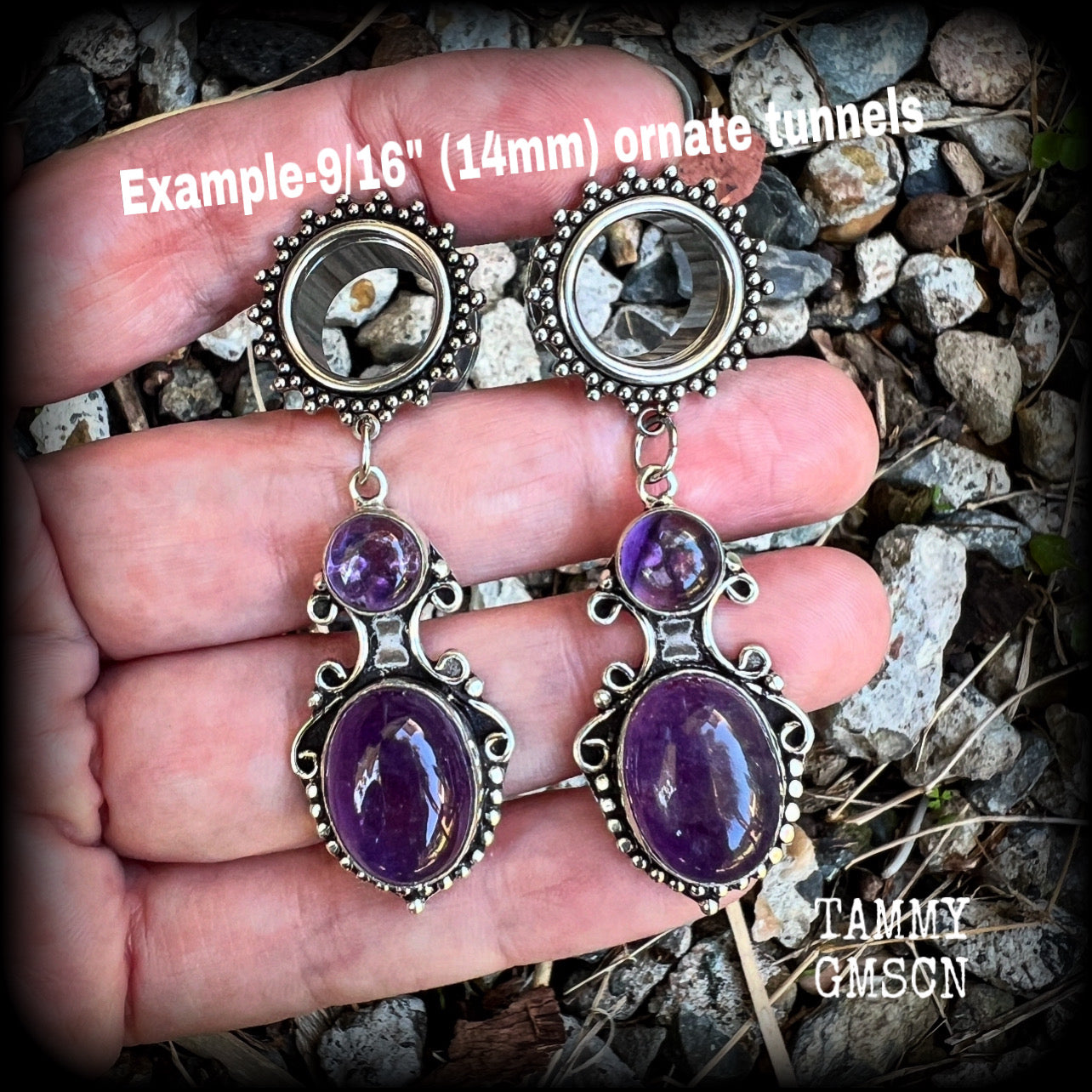 These gorgeous tunnel earrings have been made with beautiful polished amethyst gemstones in gorgeous antique silver boho settings.
These earrings are beautifully light weight, weighing approx 13 grams each and measure just on 6cms from tip to tip.

This pair have been made with 9/16” gauge (14mm) ornate surgical steel screw fit tunnels.