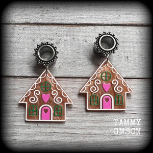 Gingerbread house earrings Kitsch Christmas earrings Gingerbread tunnels Ear hangers Gauged earrings Stretched lobes Gauged ears Stretched ears Christmas body jewelry Christmas jewelry Xmas 4mm 6mm 8mm 10mm 12mm 14mm 16mm 19mm 22mm 25mm 28mm 30mm