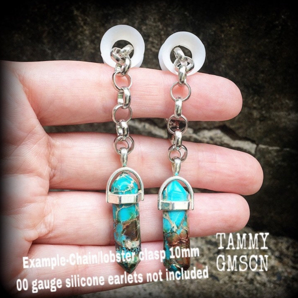 These earrings feature gorgeous turquoise sea sediment jasper pendulums, measuring just on 8cms from tip to tip, and are nice and light weight, weighing only 8 grams each.

This pair has been made with our chunky antique silver chain/lobster clasp 10mm option, suitable to be worn in stretched lobes with silicone earlets from 00 gauge (10mm).