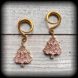 Christmas tree earrings Bling earrings Pink gauges Christmas tree ear gauges Ear hangers Gauged earrings Stretched lobes Gauged ears Stretched ears Christmas body jewelry Christmas jewelry Xmas 4mm 6mm 8mm 10mm 12mm 14mm 16mm 19mm 22mm 25mm 28mm 30mm