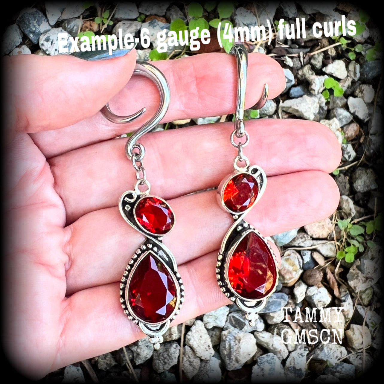 These gorgeous gypsy boho gauged earrings have been made with deep red faceted garnet gemstones in an ornate antique silver setting, measuring just over 7cms from tip to tip, and weighing approx 9 grams each, nice and light weight.

These earrings have been made on 6 gauge (4mm) surgical steel full curl hooks, to be worn in stretched lobes.