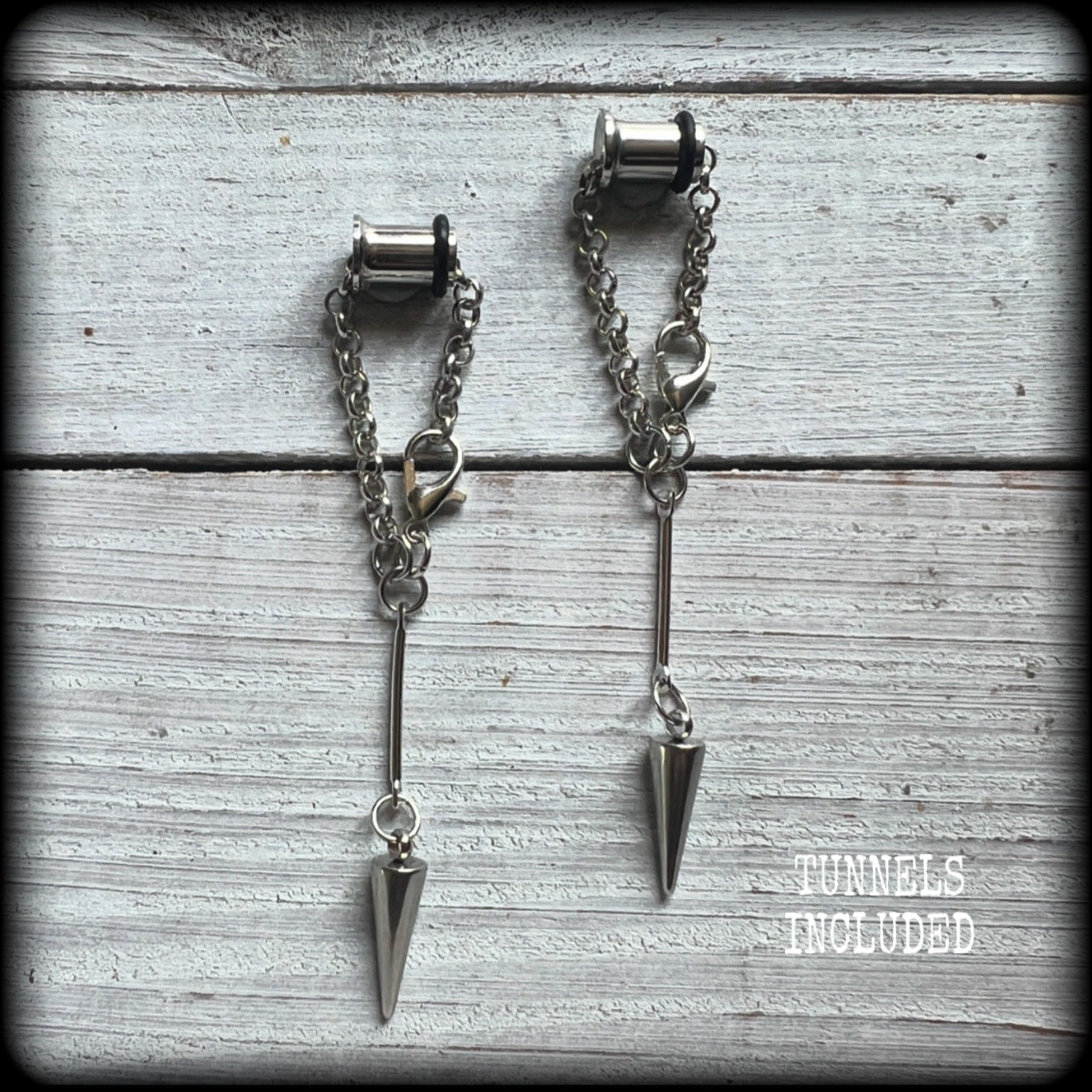 Silver spike chain tunnel dangles-TUNNELS INCLUDED