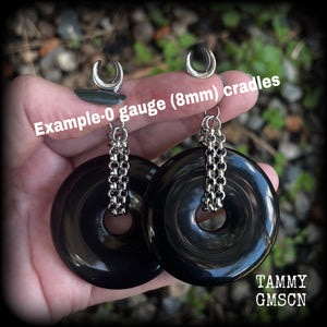 Black obsidian gauged earrings-Gemstone ear weights