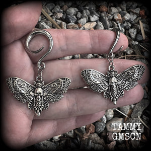 Deathshead moth earrings Deaths head moth earrings Deathshead moth ear weights Deathsheath moth ear hangers Dreadpunk Flowerpunk Cottagecore earrings Fairycore Gauged ears Stretched ears 4mm 6mm 8mm 10mm 12mm 14mm 16mm 19mm 22mm 25mm 28mm 30mm 