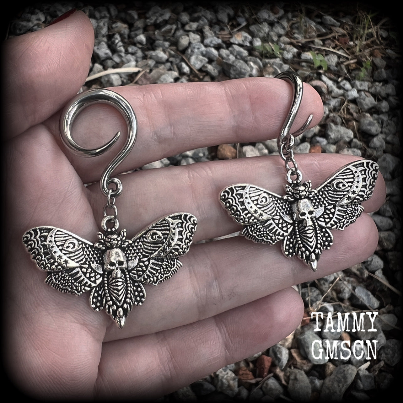 Deathshead moth earrings Deaths head moth earrings Deathshead moth ear weights Deathsheath moth ear hangers Dreadpunk Flowerpunk Cottagecore earrings Fairycore Gauged ears Stretched ears 4mm 6mm 8mm 10mm 12mm 14mm 16mm 19mm 22mm 25mm 28mm 30mm 