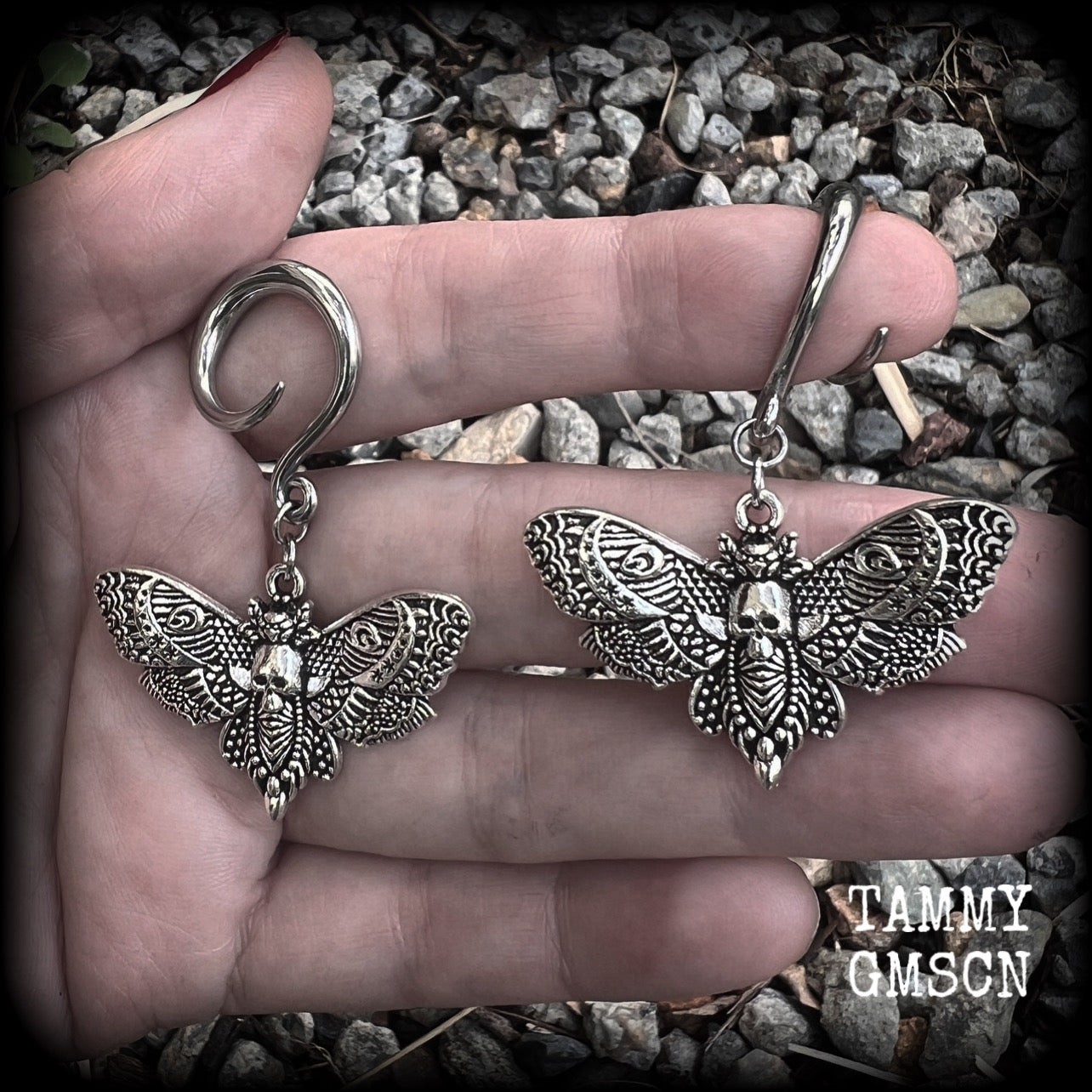 Deathshead moth earrings Deaths head moth earrings Deathshead moth ear weights Deathsheath moth ear hangers Dreadpunk Flowerpunk Cottagecore earrings Fairycore Gauged ears Stretched ears 4mm 6mm 8mm 10mm 12mm 14mm 16mm 19mm 22mm 25mm 28mm 30mm 