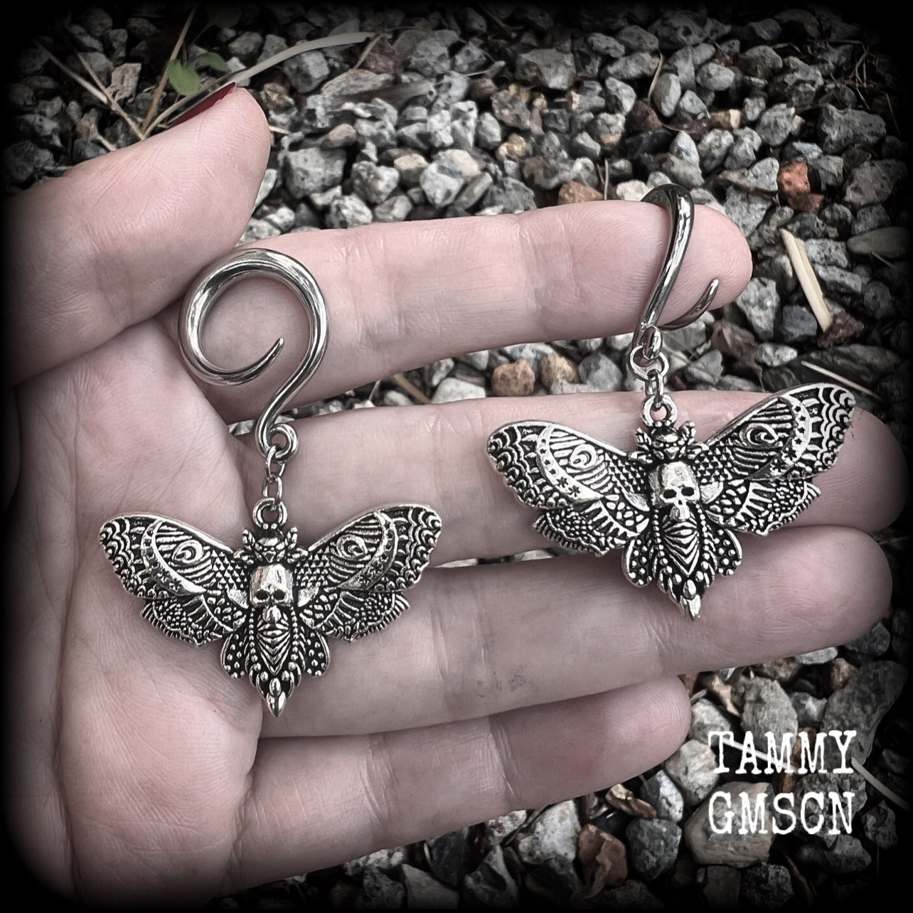 Deathshead moth earrings Deaths head moth earrings Deathshead moth ear weights Deathsheath moth ear hangers Dreadpunk Flowerpunk Cottagecore earrings Fairycore Gauged ears Stretched ears 4mm 6mm 8mm 10mm 12mm 14mm 16mm 19mm 22mm 25mm 28mm 30mm 