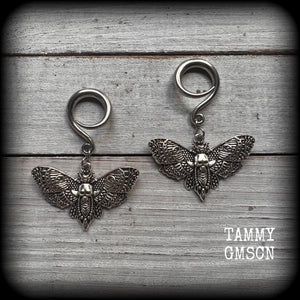 Deathshead moth earrings Deaths head moth earrings Deathshead moth ear weights Deathsheath moth ear hangers Dreadpunk Flowerpunk Cottagecore earrings Fairycore Gauged ears Stretched ears 4mm 6mm 8mm 10mm 12mm 14mm 16mm 19mm 22mm 25mm 28mm 30mm 