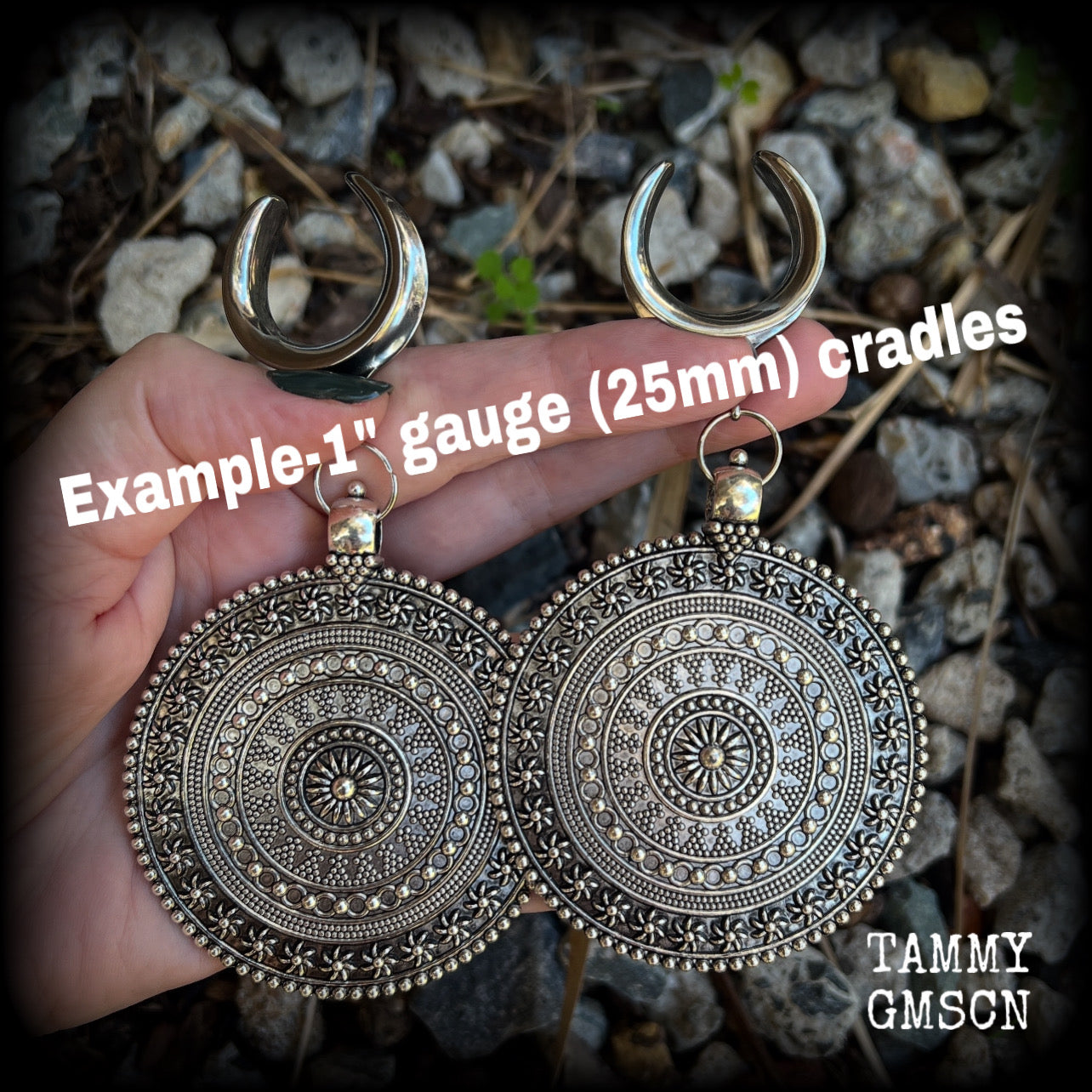 These big beautiful antique silver mandala gauged earrings are gorgeous!! Weighing in at approx 33grams a piece, measuring just on 12cms from tip to tip, this pair of gauged earrings are lovely and dangly but not too heavy.

This pair have been made on 1” gauge (25mm) surgical steel cradles, suitable for stretched lobes.
