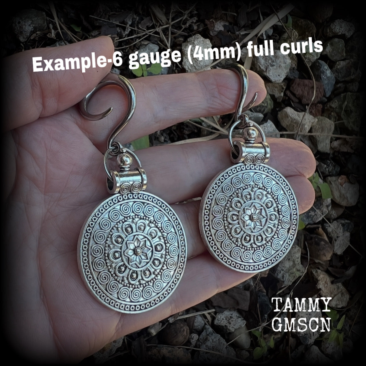 These gorgeous antique silver mandala gauged earrings are nice and light weight, weighing approx 11 grams a piece, measuring approx 7.5cms from tip to tip.

This pair have been made on 6 gauge (4mm) surgical steel full curl hooks, suitable for stretched lobes.