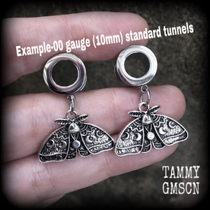 Moth and moon tunnel earrings-Luna moth ear gauges
