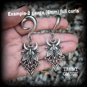 Moth and mandala gauged earrings-Moth and moon ear weights