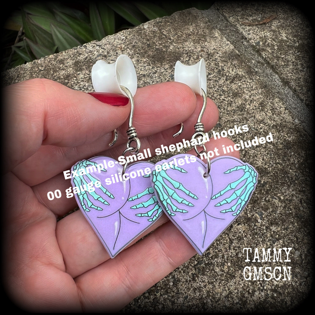 Skeleton hands with purple hearts earrings-Pastel goth Halloween earrings