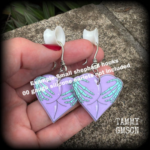 Skeleton hands with purple hearts earrings-Pastel goth Halloween earrings