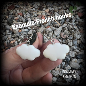 These cute little puffy white cloud earrings measure 4cms from tip to tip, and are super lightweight at only a gram or two each.

This pair has been made on stainless steel french hooks, suitable for pierced ears.