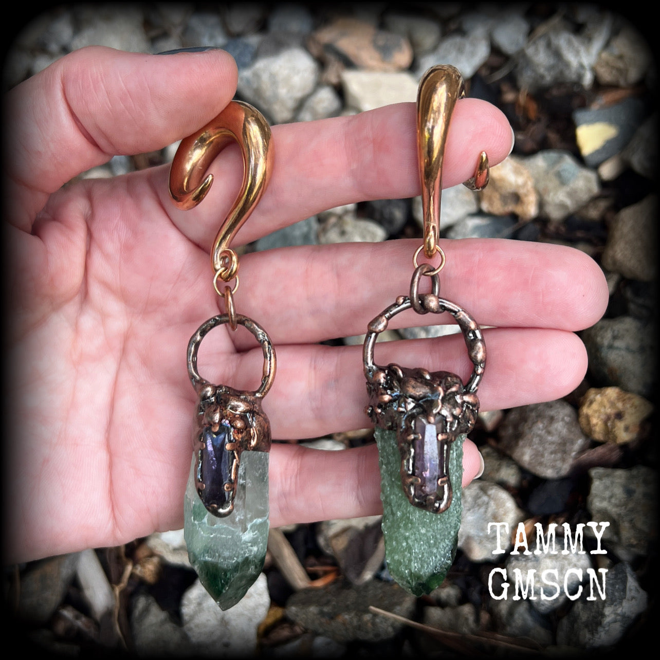 Green quartz and amethyst gauged earrings-Gemstone ear weights