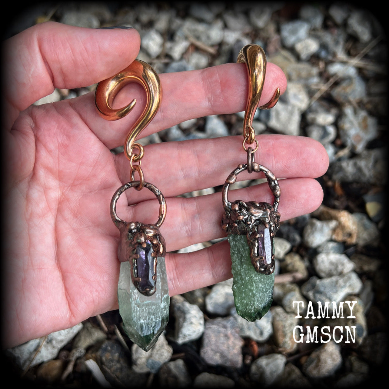 Green quartz and amethyst gauged earrings-Gemstone ear weights