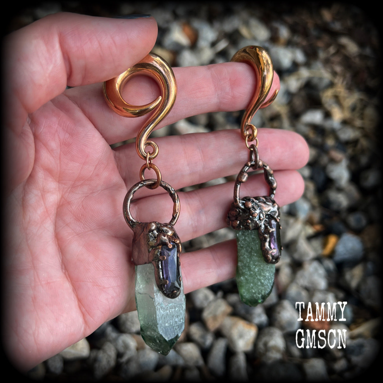 Green quartz and amethyst gauged earrings-Gemstone ear weights