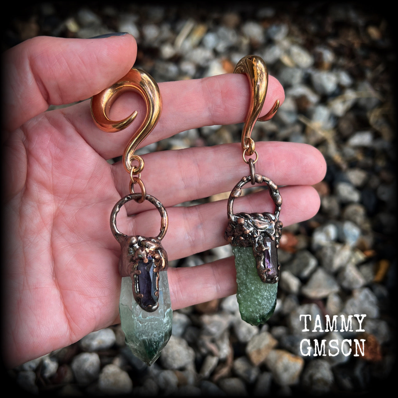 Green quartz and amethyst gauged earrings-Gemstone ear weights