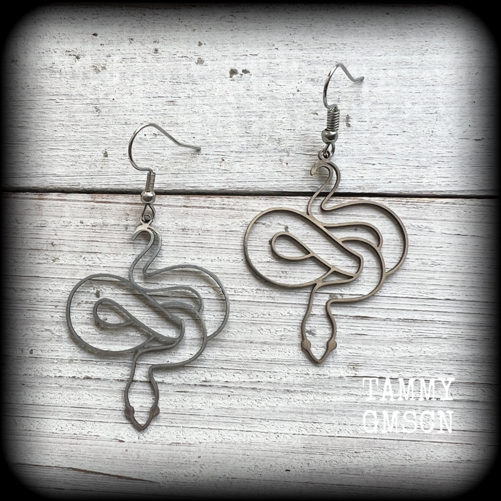 These earrings feature a gorgeous coiled stainless steel snake, measuring 6cms from tip to tip, and super lightweight at only a few grams each.

This pair have been made with stainless steel french hooks, suitable for pierced ears.