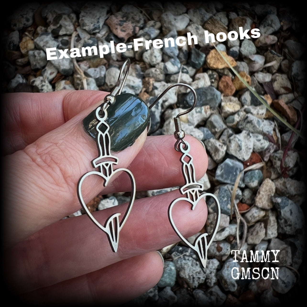 This pair of earrings feature a classic punk stainless steel heart and dagger, measuring just over 5cms from tip to tip, these earrings are lovely and lightweight, weighing only a grams or two each.  This pair has been made on stainless steel french hooks, suitable for pierced ears.