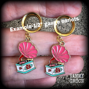 These cute little earrings have been made with pink and gold enamel gramophone charms, weighing only 5 grams each and measuring approx 4cms from tip to tip.

This pair has been made with 1/2" gauge (12mm) surgical steel screw fit earlets, for stretched lobes.