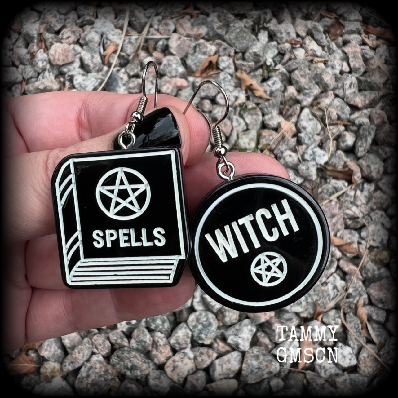 These awesome earrings feature light weight black and white witchy spell book and witchy pentagram charms, are super lightweight at only a few grams each, and are nice and dangly, measuring approx 5cms from tip to tip.  This pair has made on stainless steel french hooks, suitable for pierced ears or stretched lobes.