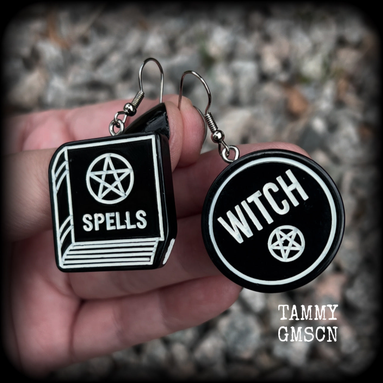 These awesome earrings feature light weight black and white witchy spell book and witchy pentagram charms, are super lightweight at only a few grams each, and are nice and dangly, measuring approx 5cms from tip to tip.  This pair has made on stainless steel french hooks, suitable for pierced ears or stretched lobes.