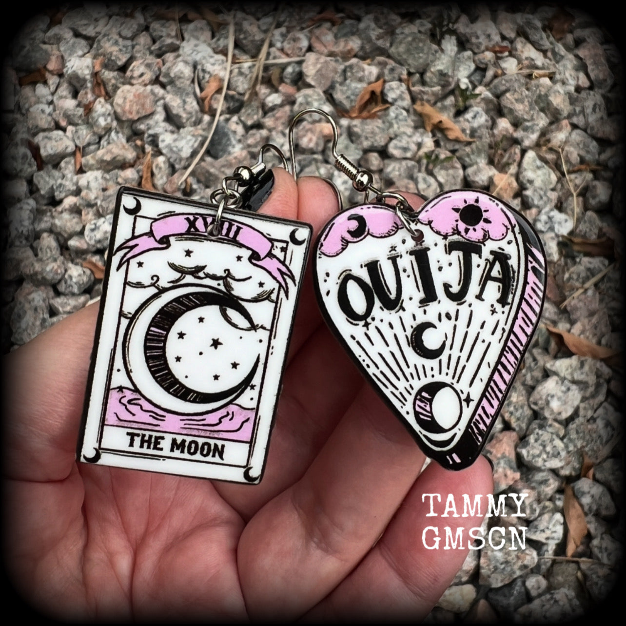 These awesome spooky cute pastel goth earrings feature baby pink and white ouija planchette and tarot card charms, are nice and light weight at only a few grams each, and are nice and dangly, measuring just on 6cms from tip to tip.  This pair has been made on with stainless steel french hooks, suitable for pierced ears.
