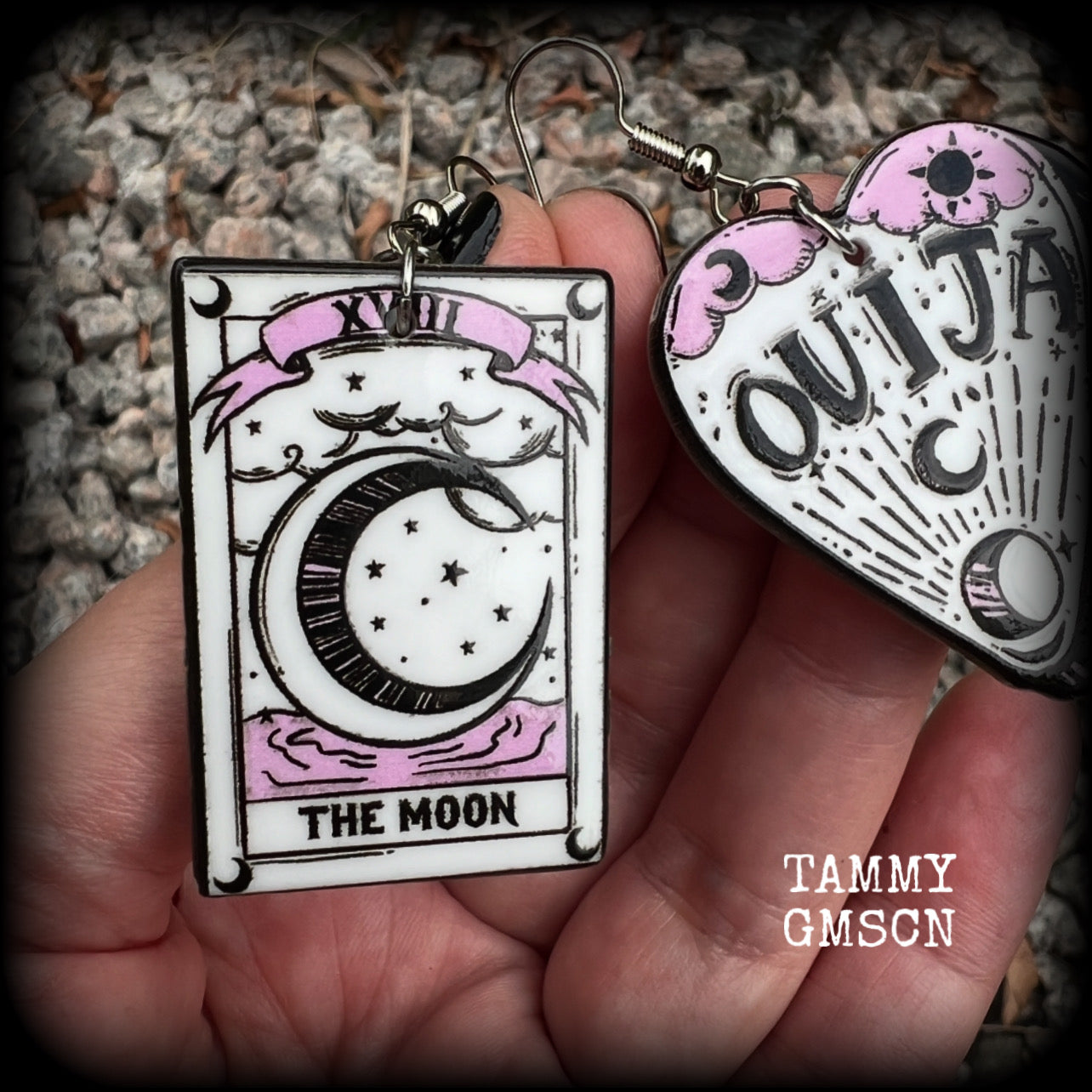 These awesome spooky cute pastel goth earrings feature baby pink and white ouija planchette and tarot card charms, are nice and light weight at only a few grams each, and are nice and dangly, measuring just on 6cms from tip to tip.  This pair has been made on with stainless steel french hooks, suitable for pierced ears.