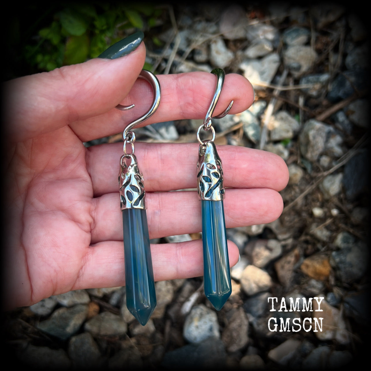 Featuring gorgeous dusty blue agate points, these earrings weigh in at approx 13 grams a piece, and are nice and dangly at just over 9cms from tip to tip.

This pair has been made on 6 gauge (4mm) surgical steel full curl hooks, to be worn in stretched lobes.