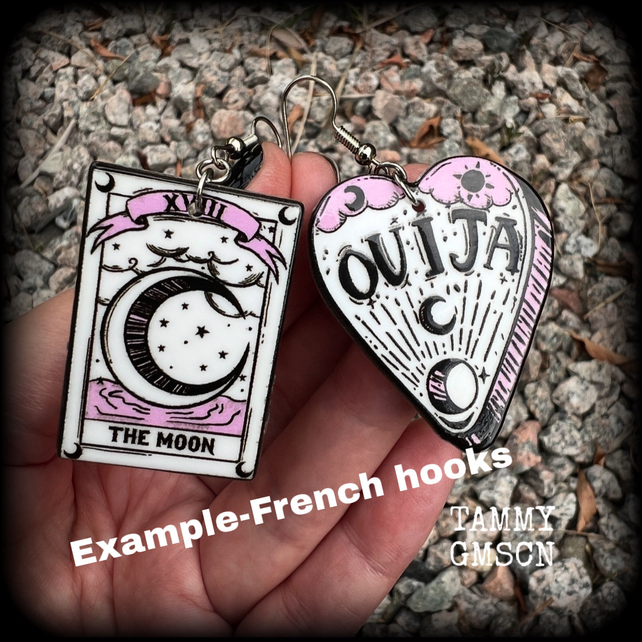 These awesome spooky cute pastel goth earrings feature baby pink and white ouija planchette and tarot card charms, are nice and light weight at only a few grams each, and are nice and dangly, measuring just on 6cms from tip to tip.  This pair has been made on with stainless steel french hooks, suitable for pierced ears.